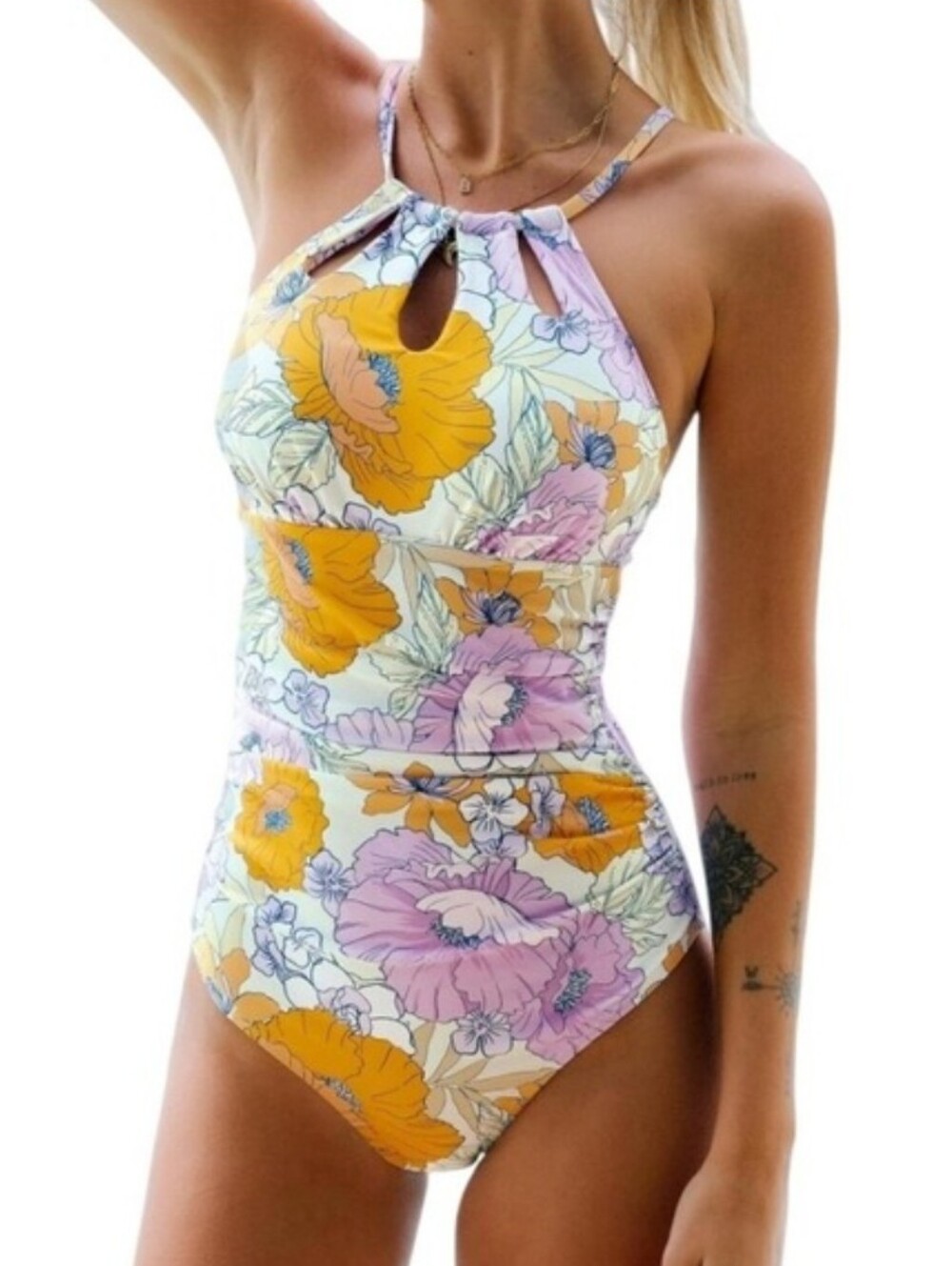 Cupshe Floral High-neck One-piece - lavendar, mango, white
